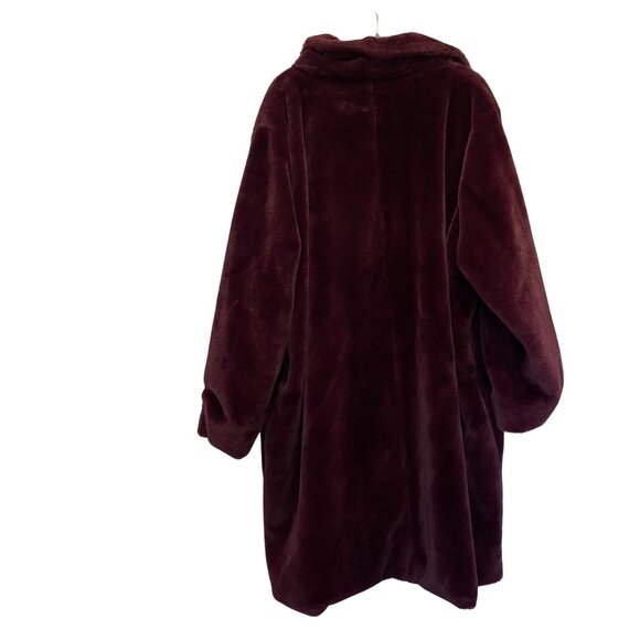 Ulla Popken Faux Fur Burgundy Coat Sz 20/30 USA Button-Down Longline Soft Outerw - Picture 2 of 5